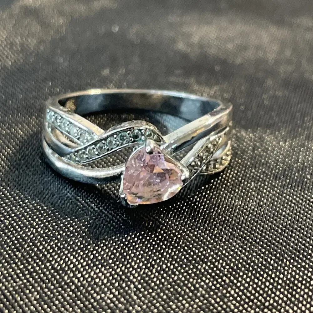 925 Sterling Silver Pink Heart Cubic Zirconia Bypass Ring Sz 8